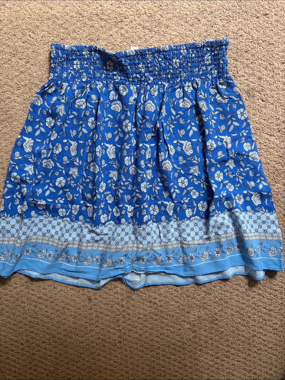 LOFT Blue Floral Smocked Mini Skirt with Light-Blue Border